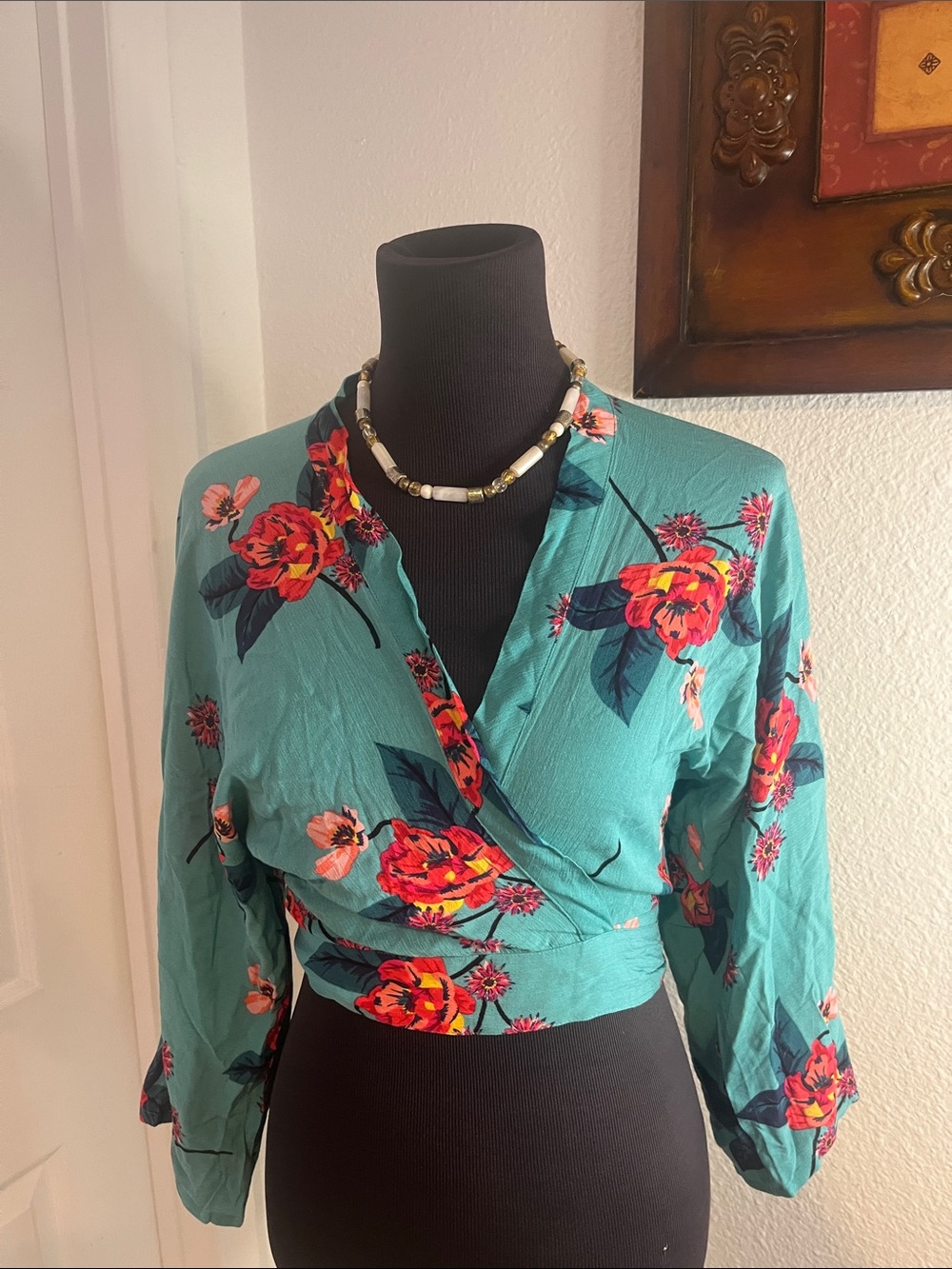 Express Teal Floral Wrap Blouse with Red & Pink Blooms